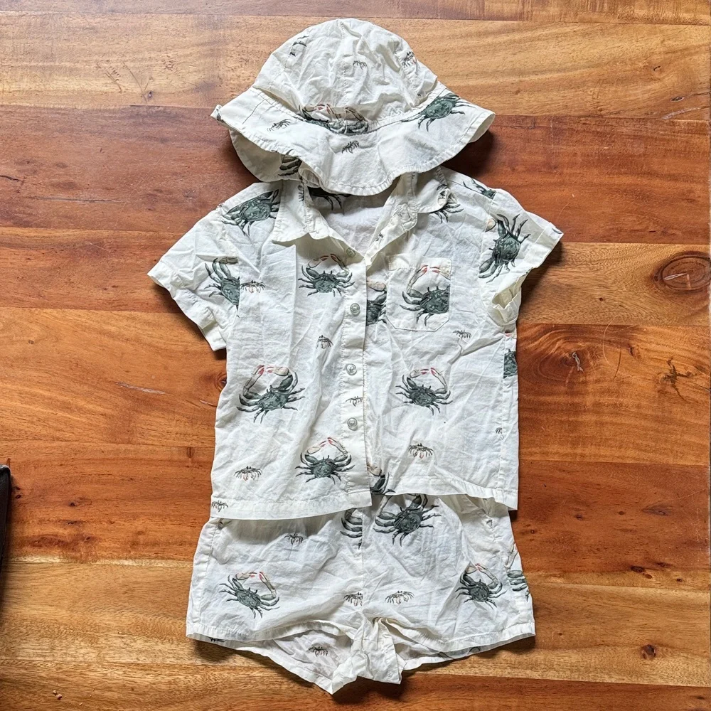 Milkbarn Kids Crab Print Summer Set - Cream and Green, 18-24 Months